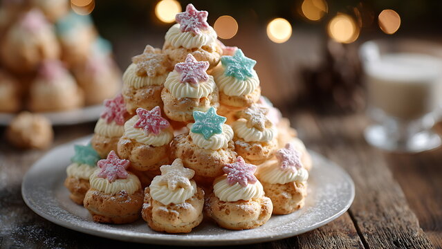 Christmas Tree Croquembouche Dessert with Festive Lights