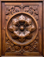Close-up of intricately carved wood, featuring floral design