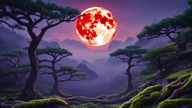 Ethereal Fantasy Landscape with Blood Moon and Silhouetted Trees red moon