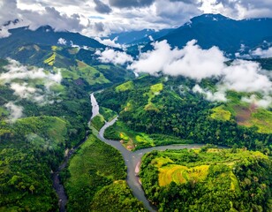 Aerial view of a lush, verdant landscape with a winding river