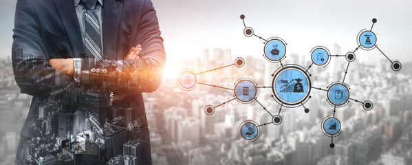 A professional businessman stands confidently against an urban backdrop, illustrating the integration of technology and finance through a creative digital network concept. Tessel