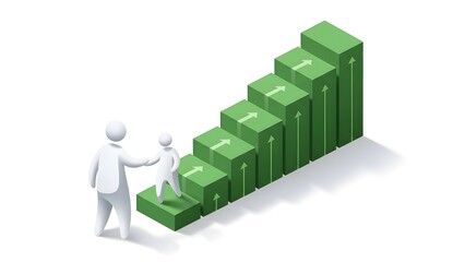 Visualizing career progression and financial growth with a person guiding another up a green bar chart symbolizing success and advancement