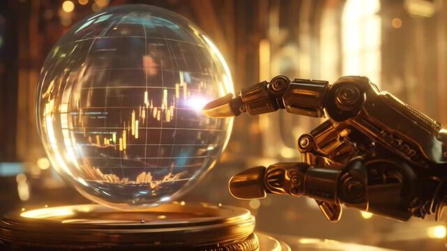 Steampunk Robot Hand Interacts with Financial Data Globe