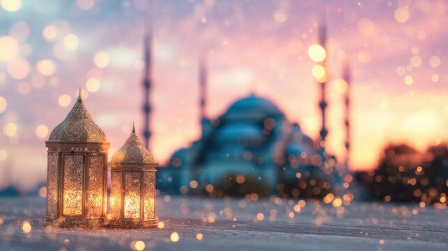 Lanterns shine at sunset near mosque in city - Powered by Adobe