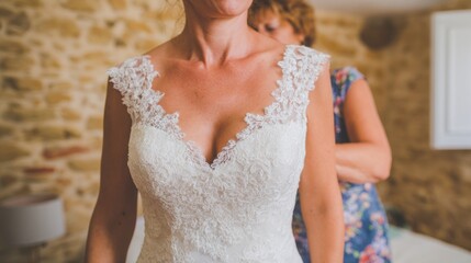 Bride prepares for wedding as mother adjusts her dress in rustic room