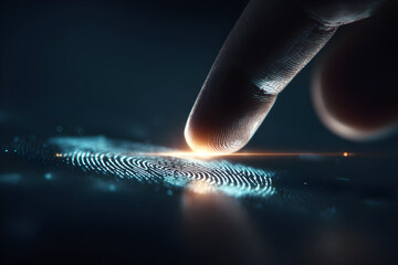 Innovative security concept with finger touching illuminated digital fingerprint scanner