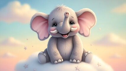 Fototapeta premium Cute cartoon baby elephant smiling, big ears, pastel background, soft shadows, 3D character, kids friendly.