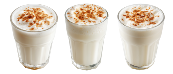 Ayran salted yogurt drink in tall glass with foamy top and cinnamon powder, isolated on white background, concept of healthy drink