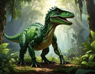 A vibrant dinosaur emerges from a lush green jungle