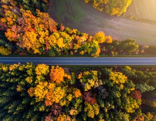 Aerial view of a road cutting through a vibrant autumnal forest