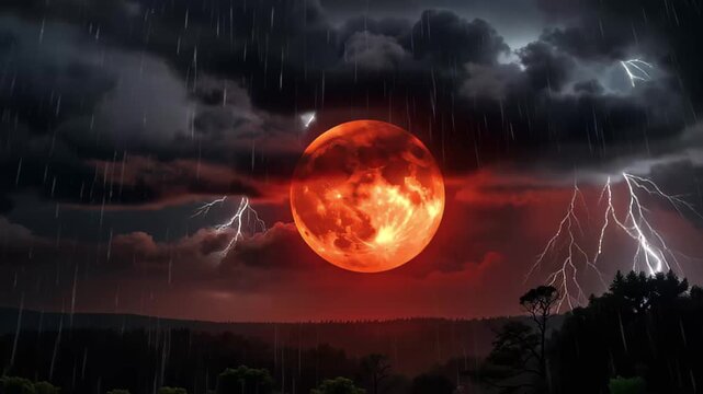 Eerie Red Moon and Lightning Storm with Rain over Forested Hills blood moon lunar eclipse