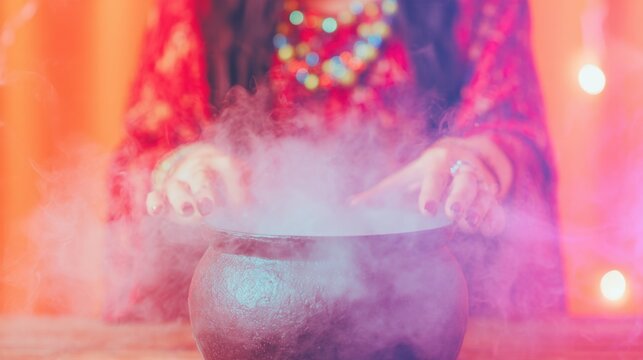 Woman stirs a pot with smoke at a table during a night gathering