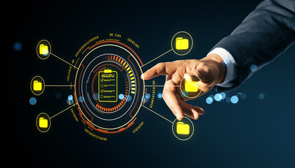 Businessperson interacting with digital document management system interface featuring yellow icons and data connections on dark background.