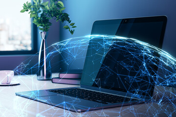 Digital world network concept with glowing global web connections around laptop on modern office...