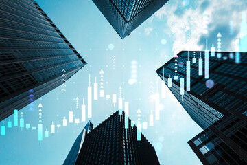 Skyscrapers with financial stock market candlestick graph overlay symbolizing investment growth and...