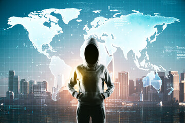 Anonymous hacker in hoodie standing against a digital world map and city skyline background with global technology and business concept overlay.