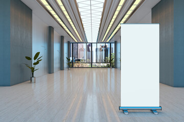 Vertical roll up banner mockup in modern corporate hallway with large windows and city view in background. 3D Rendering