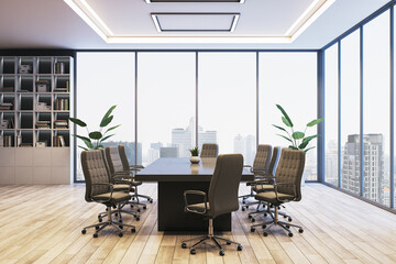 Modern corporate conference room with large windows, wood flooring, and ergonomic chairs in a high-rise office building interior setting. 3D Rendering