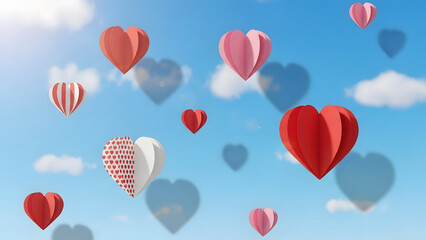 Colorful paper heart balloons floating in blue sky