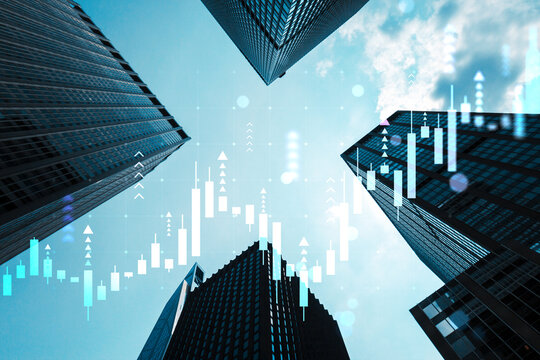 Skyscrapers with financial stock market candlestick graph overlay symbolizing investment growth and urban economy on a bright sky background. - Powered by Adobe