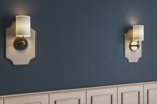 Modern wall with elegant sconces and blank space for design or logo in stylish interior room setting with wooden paneling and clean background. 3D Rendering