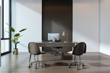 Modern corporate office interior with sleek wooden desk, chairs, and computer setup near large windows in bright room with creative design. 3D Rendering