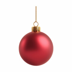 Red Christmas bauble ornament hanging with gold cap and string isolated on transparent background.