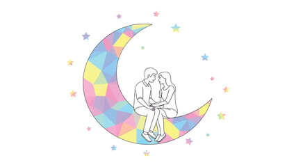 Celestial Embrace: A loving couple shares a moment of intimacy as they sit together on a whimsical, colorful crescent moon, surrounded by radiant stars, evoking feelings of romance and tranquility.