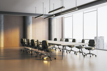 Obraz premium Modern empty business conference room with large table and office chairs in corporate high-rise interior with cityscape view and natural lighting. 3D Rendering