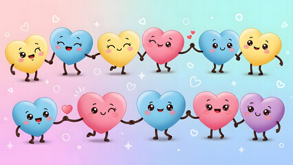 Fototapeta premium Cute cartoon heart characters holding hands love and friendship