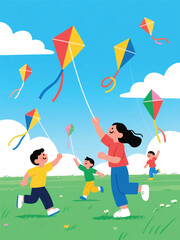 Children and adult flying colorful kites in a sunny field. A joyful moment of outdoor play and bonding.