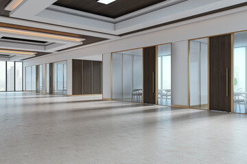 Obraz premium Spacious modern corporate hallway with glass partitions and wooden doors in bright office building interior design concept. 3D Rendering