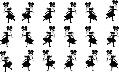 Silhouette of girl with balloons, dynamic poses, running motion, black figure, playful design, minimal background, decorative pattern
