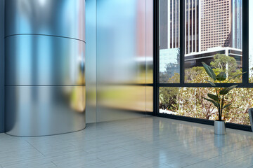 Modern corporate hallway interior with blank metallic wall and large glass window overlooking cityscape, ideal for signage or logo mockup. 3D Rendering