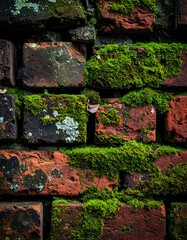 Close-up of weathered brick wall overgrown with vibrant green moss (1)