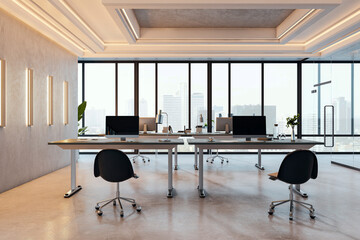 Modern minimalist office interior with large windows, sleek desks, and city view in background, designed for corporate work environment. 3D Rendering