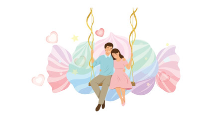 Sweethearts' Swing: A tender couple enjoys a romantic moment together on a swing amidst a whimsical backdrop of giant, colorful candies and floating hearts.