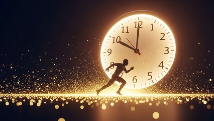 Silhouette of a person running against a large clock face, with glittering particles flowing around, symbolizing the race against time and fleeting moments