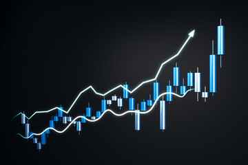 Modern glowing forex candlestick chart with upward trend lines on dark gradient background, symbolizing financial growth and digital investment success. 3D Rendering