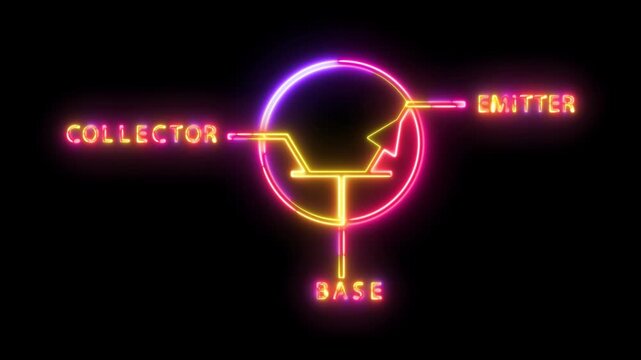 Neon NPN and PNP Transistor Symbol Glow Animation on Black Background, Colorful Electronic Circuit Diagram with Emitter Base Collector Labels for Education, Engineering and Technology Videos