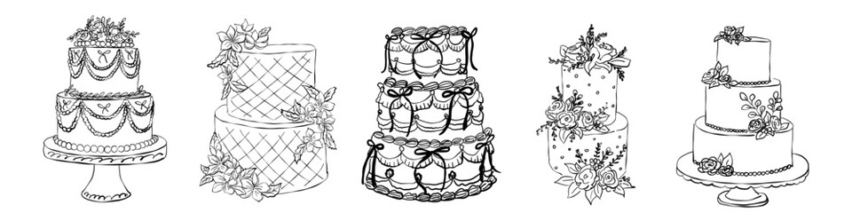 Wedding and birthday party invitation design clip art. Trendy coquette whimsical line cake set. Vintage minimalist doodle ink elegant elements. Hand drawn scribble isolated vector illustration © Катерина Тышковская