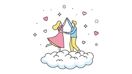 Dancing Couple on Cloud: A romantic couple gracefully dances atop a cloud, surrounded by hearts and stars, symbolizing love and togetherness.