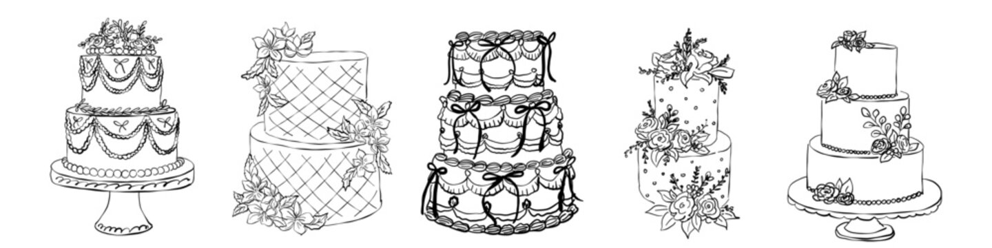 Wedding and birthday party invitation design clip art. Trendy coquette whimsical line cake set. Vintage minimalist doodle ink elegant elements. Hand drawn scribble isolated vector illustration