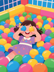 Smiling child playing in a colorful indoor ball pit, holding two balls like glasses. A joyful moment of imagination and fun.