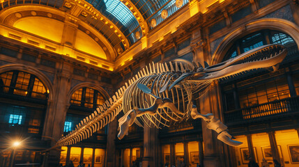 Dinosaur skeleton exhibit in illuminated museum hall