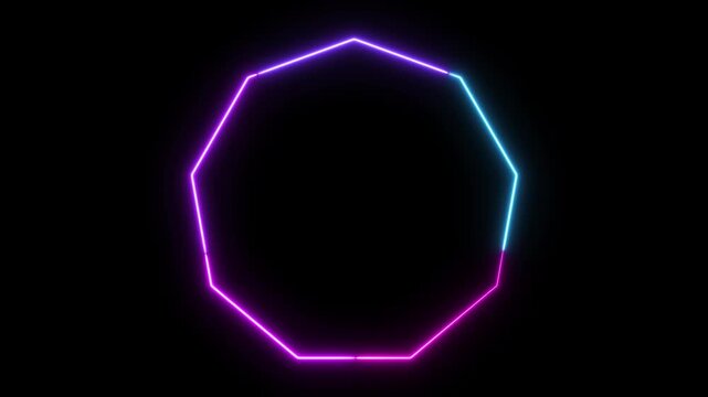 Multicolor Neon Nonagon Shape on Black Background, Glowing Pink Blue Purple Polygon Frame, Futuristic Abstract Neon Geometry for Technology, Motion Graphics, UI Design and Creative Visual Background