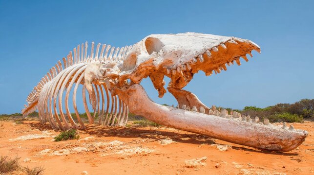 Large whale skeleton rests on sandy shore under clear blue sky