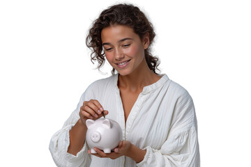 Young woman drops a coin into a pink piggy bank, isolated on transparent background