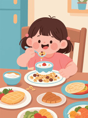 Smiling child enjoying a healthy breakfast at the dining table. A cheerful moment of morning joy and nutrition.