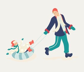 Man Pulling Happy Child on a Sled in Winter